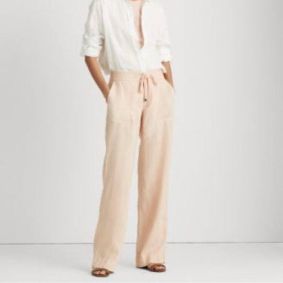 Lauren Ralph Lauren 100% linen pull on pants 14 wide leg draw string peach pink - Picture 1 of 16